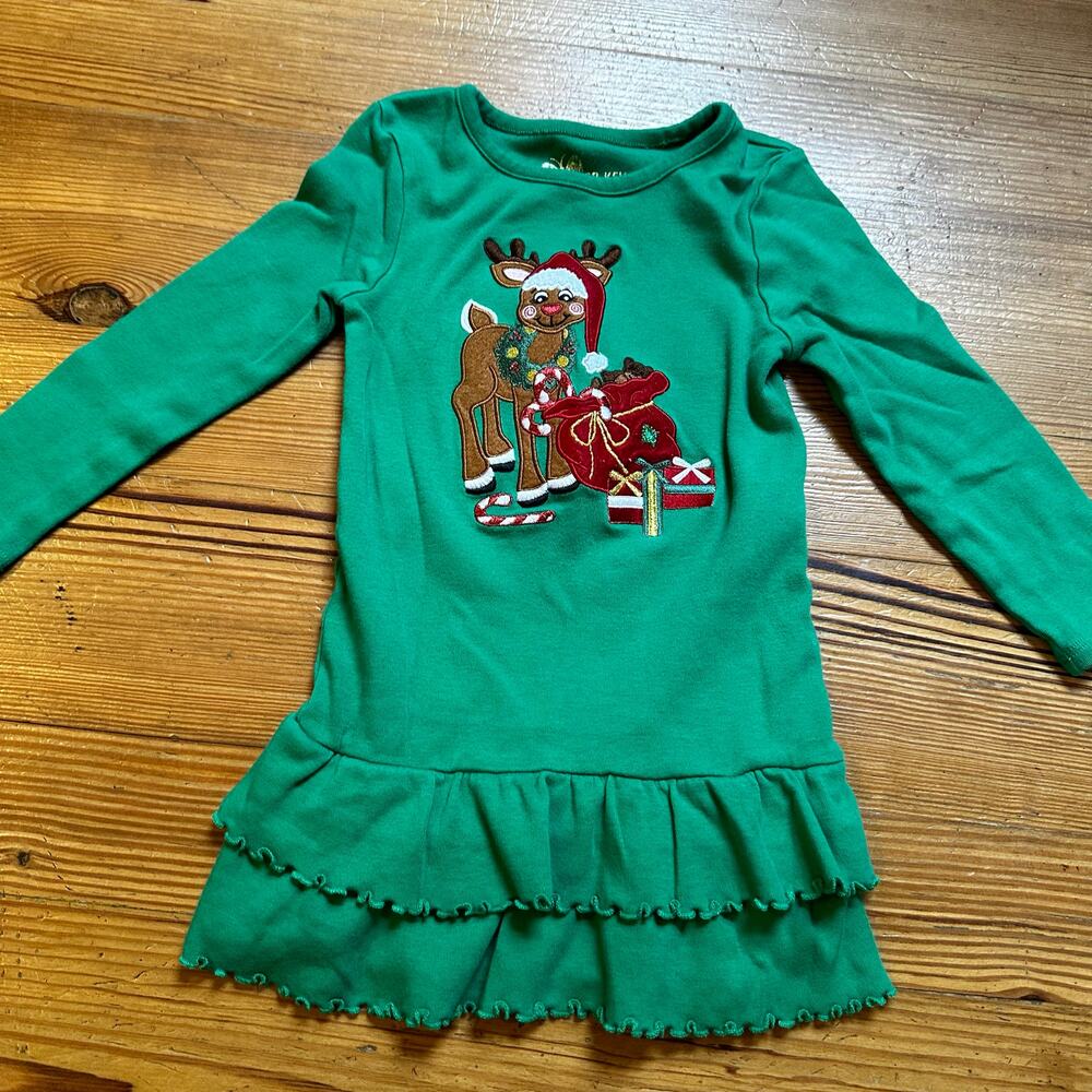 Copper Key green Christmas Rudolph long sleeve ruffle bottom dress SIZE 4‎